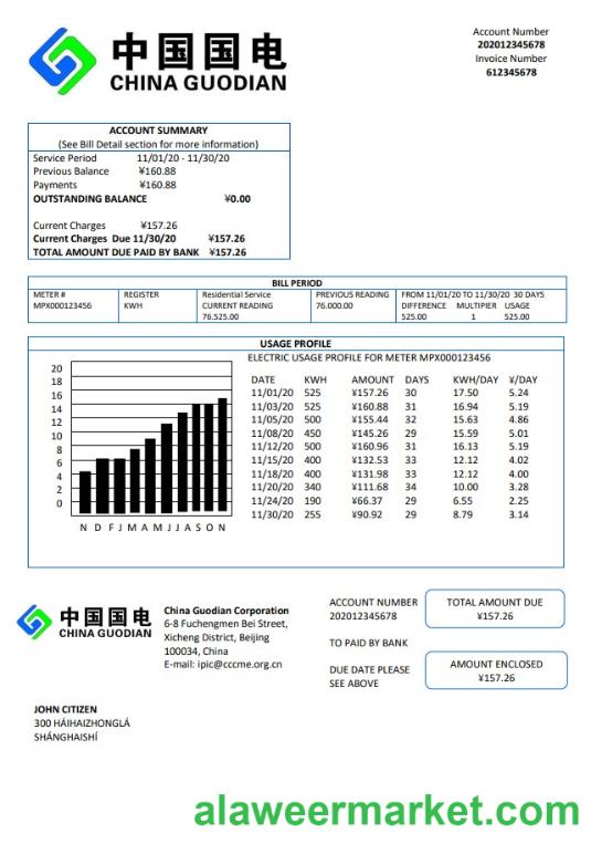 China Guodian Corporation electricity utility bill